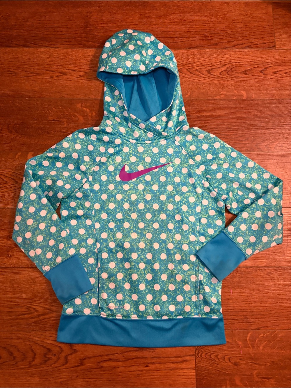 Nike Teal & White Polka Dot Girls' Hooded Sweatshirt with Pink Swoosh